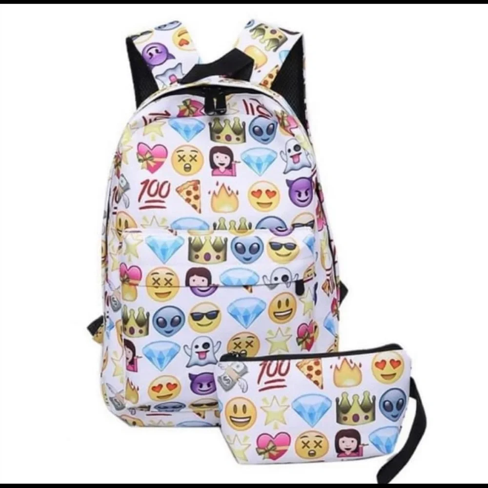 Emoji Cartoon Colorful Canvas Casual Retro Travel School Backpack & Pouch Set